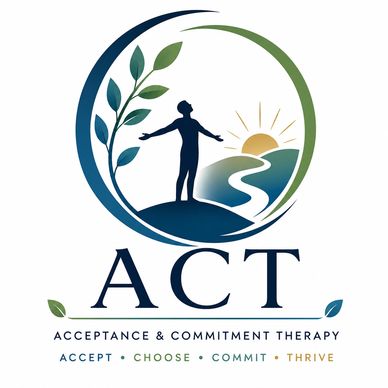 Logo for Acceptance &amp; Commitment Therapy with a person, nature, and sunrise elements.