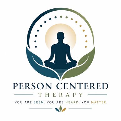 Logo showing a person meditating with leaves and a calming circular design.