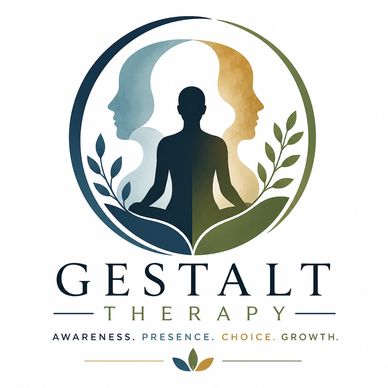 Logo depicting Gestalt Therapy with a meditating figure and two profile faces symbolizing awareness and growth.