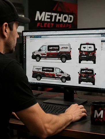 Man designing vehicle wraps for Method Fleet on a computer.