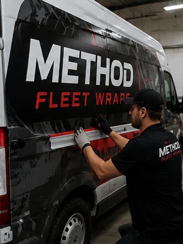 A man applies a METHOD Fleet Wrap on a van in a workshop.
