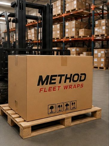 A large METHOD Fleet Wraps box on a wooden pallet in a warehouse.