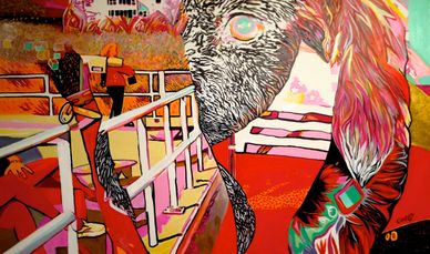 Colorful abstract painting of a person and a large bird with vibrant patterns.