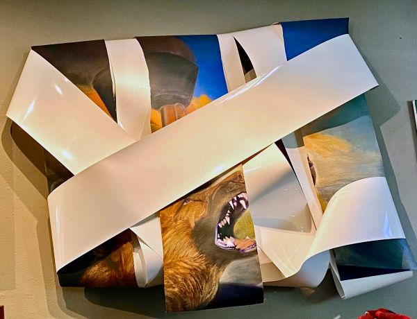 Abstract folded painting featuring a roaring bear and white strips.