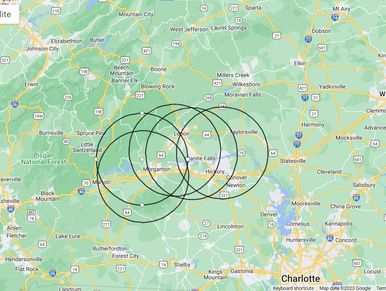 Map of Western North Carolina, East Tennessee, and Southwest Virginia.  Circles showing driver locat
