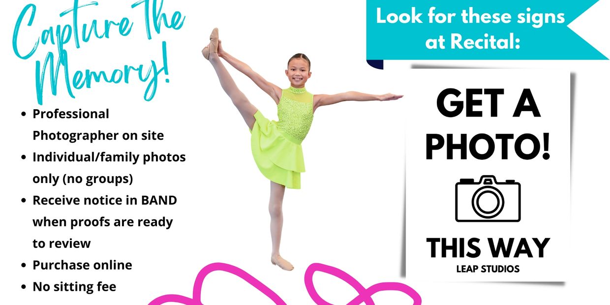 Young dancer in green dress promoting recital photo opportunities with professional photographer.