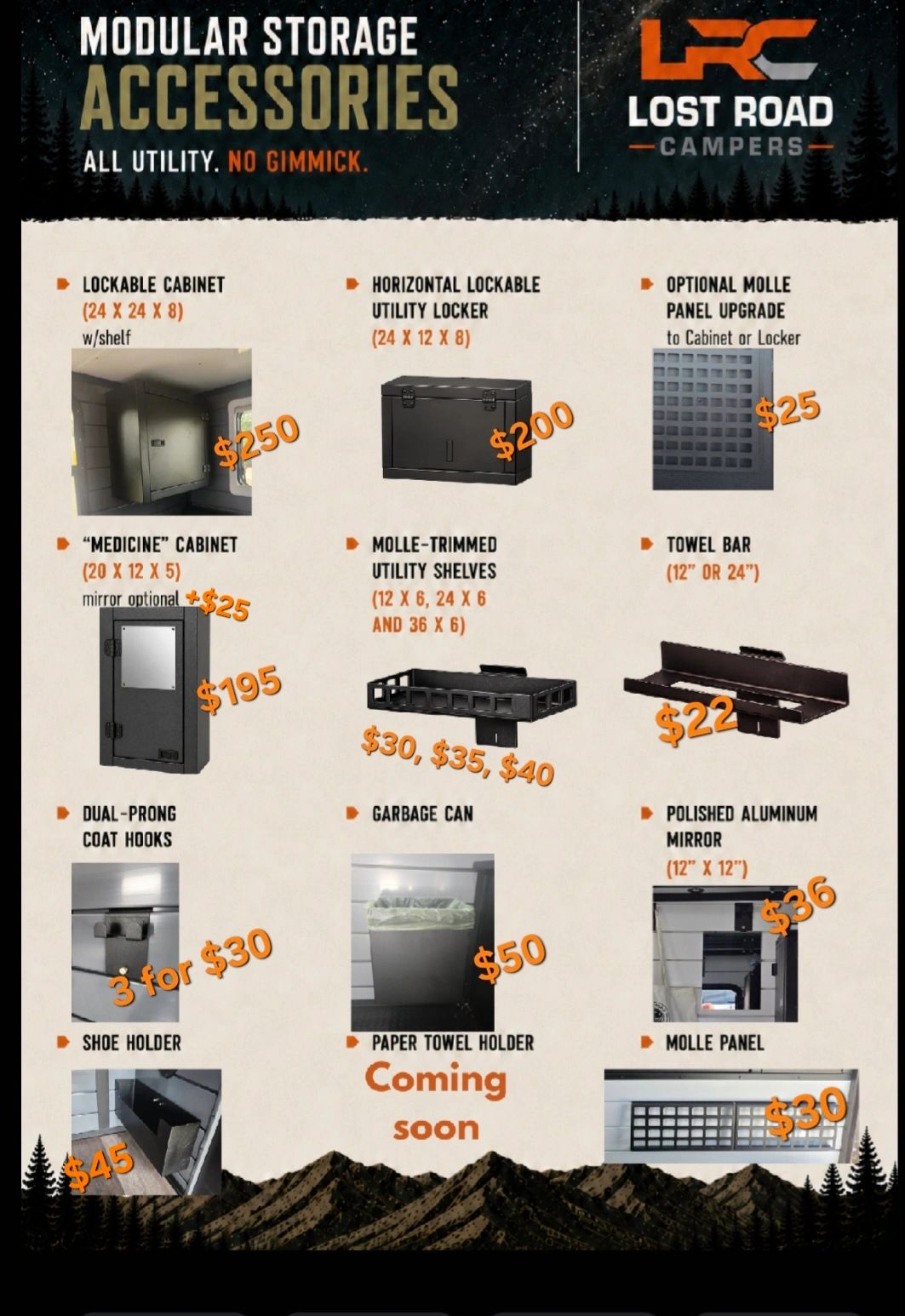 Modular storage accessories by Lost Road Campers with utility-focused designs and pricing.