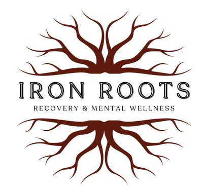 Logo of Iron Roots featuring stylized tree roots and the tagline for recovery and mental wellness.