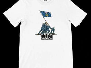 White T-shirt with a graphic of soldiers planting a flag and UTN logo.