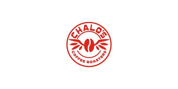 Red logo for Chalo's Coffee Roasters with a coffee bean and wings.