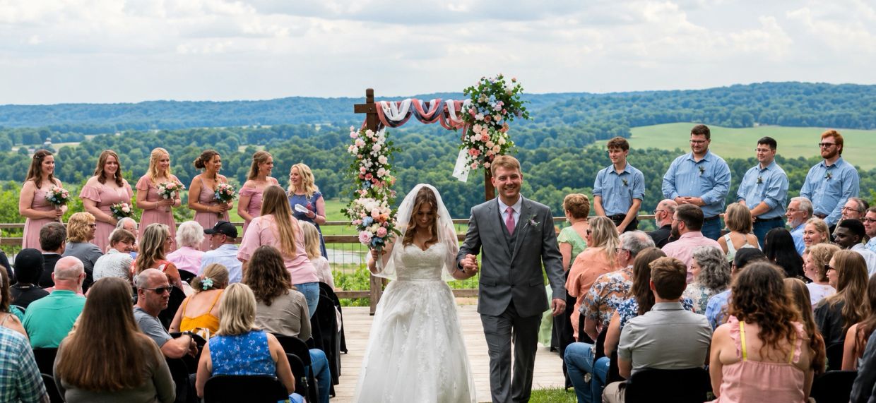 Bride and groom walk down aisle outdoors with guests and bridal party cheering.