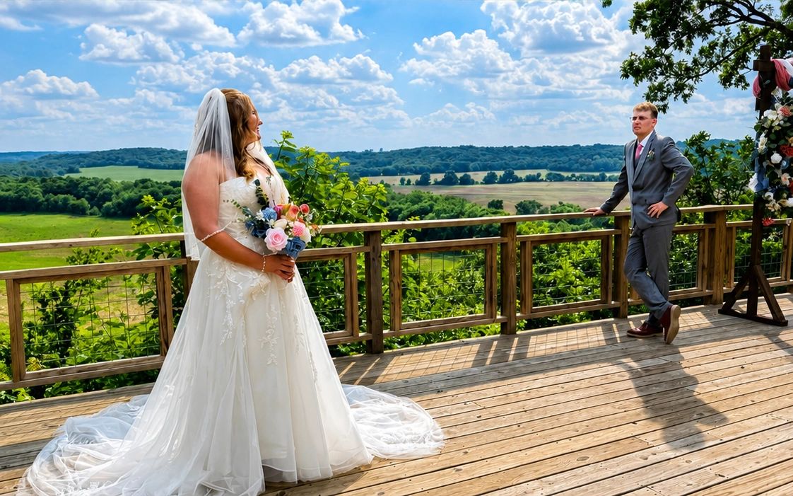 Bride and groom pose on a wooden deck with a scenic countryside backdrop on their wedding day.