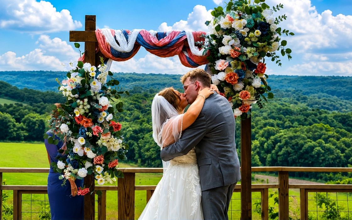 A couple shares a kiss under a floral-decorated arch at their outdoor wedding.