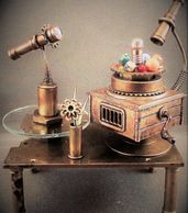steampunk, miniature, orrery, flower, tables, planets, telescope