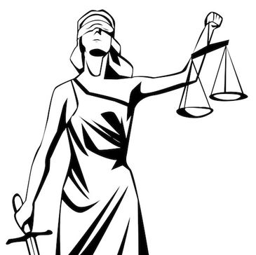 Black and white illustration of Lady Justice holding scales and sword.