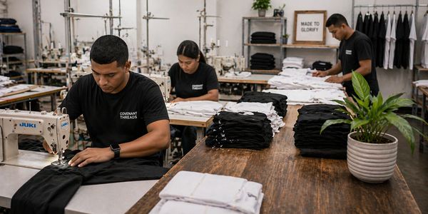 Workers sewing and folding black and white t-shirts in a clothing workshop.