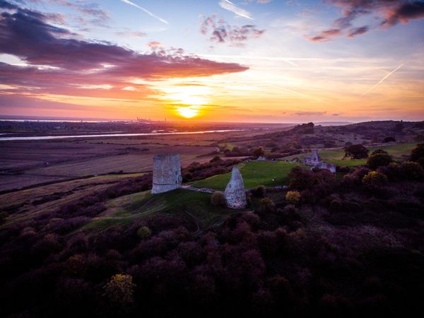 Sunset, dusk, castle, special moment, aerial photo, hadleigh