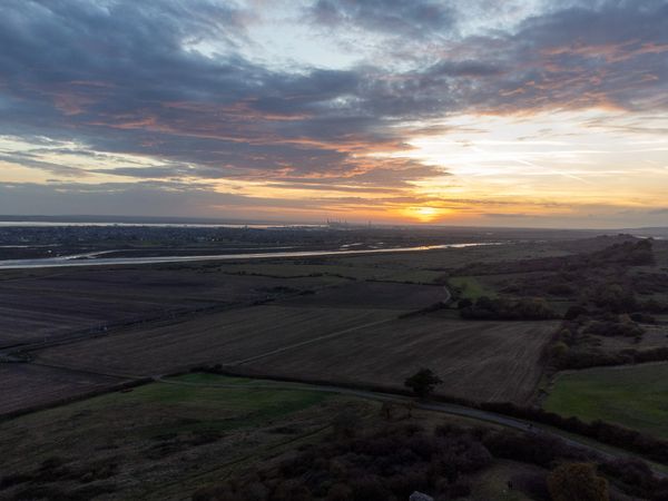 Aerial photo, dusk, night shot, fields, Essex, Kent countryside video
