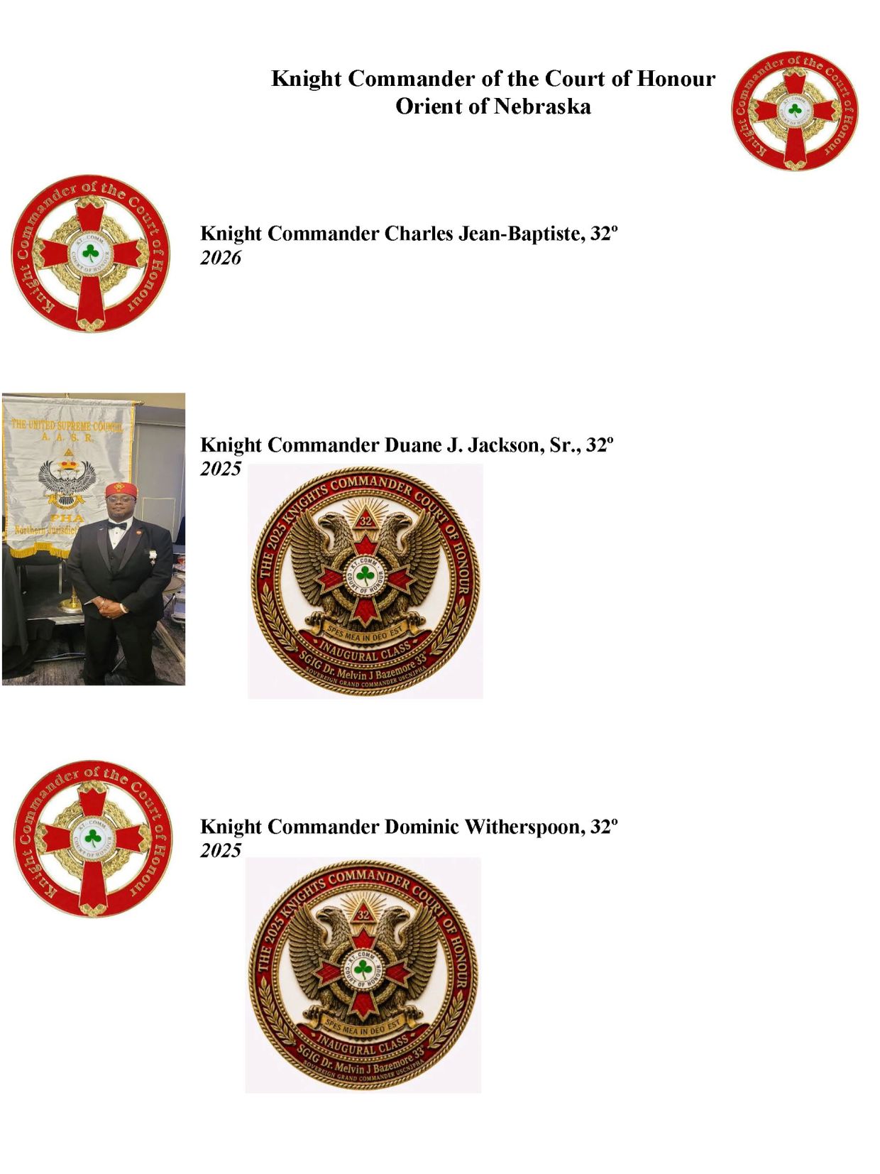 Knight Commanders of the Court of Honour, Orient of Nebraska.