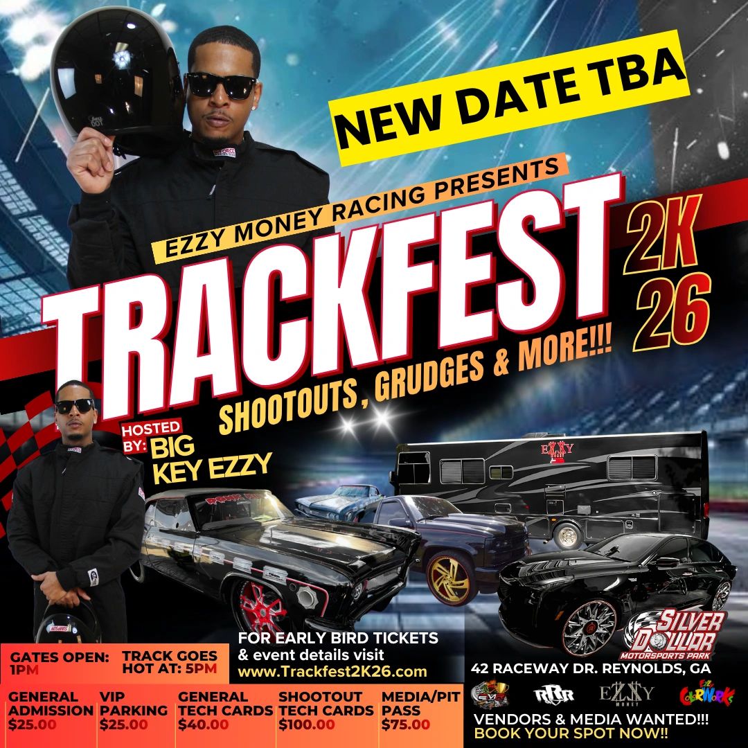 Promotional poster for Trackfest 2K26 featuring racing cars, event details, and host Big Key Ezzy.