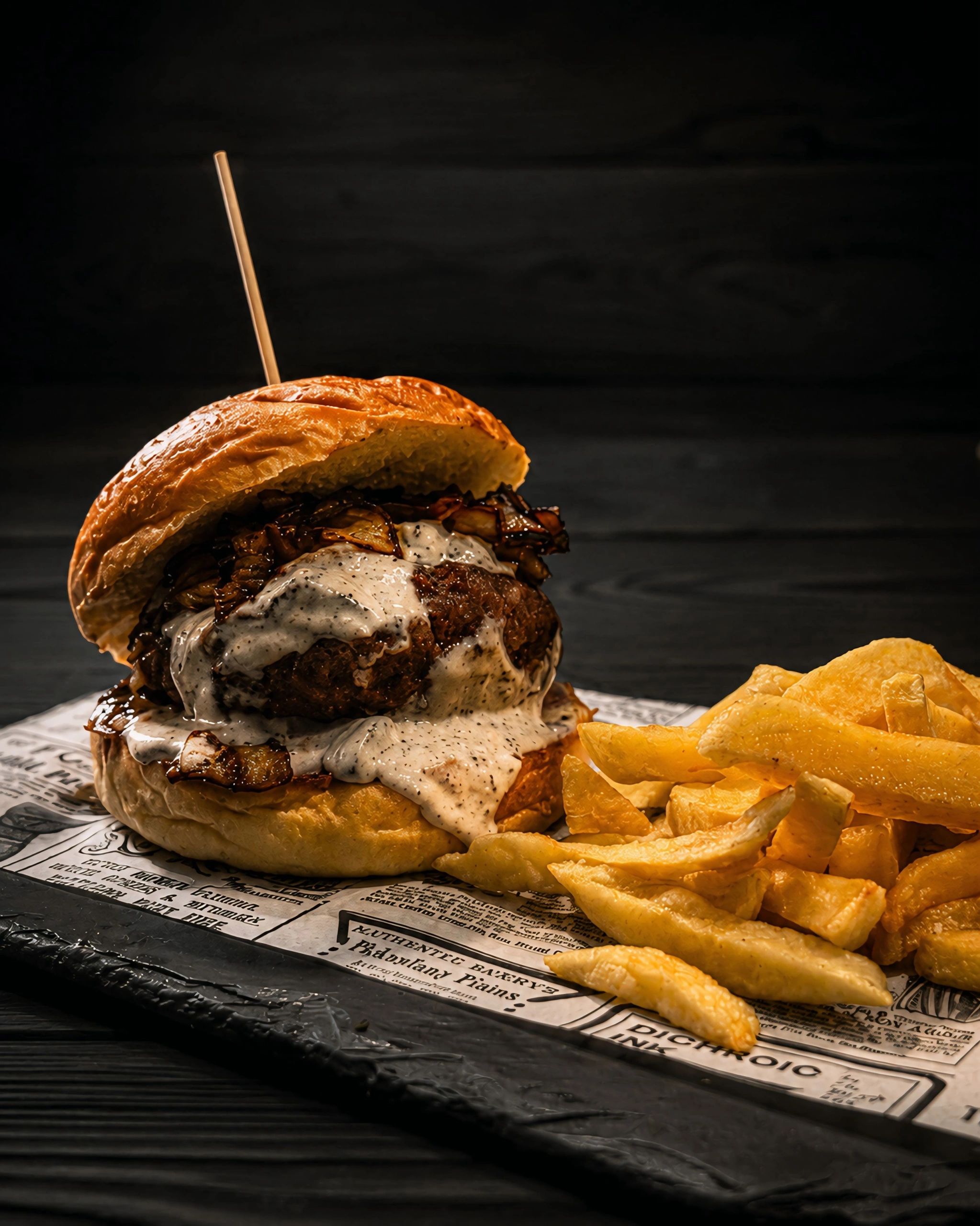 Hamburguesa jugosa con papas fritas.