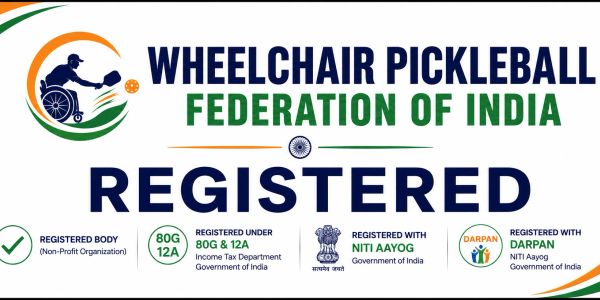 Logo of Wheelchair Pickleball Federation of India with registration details.