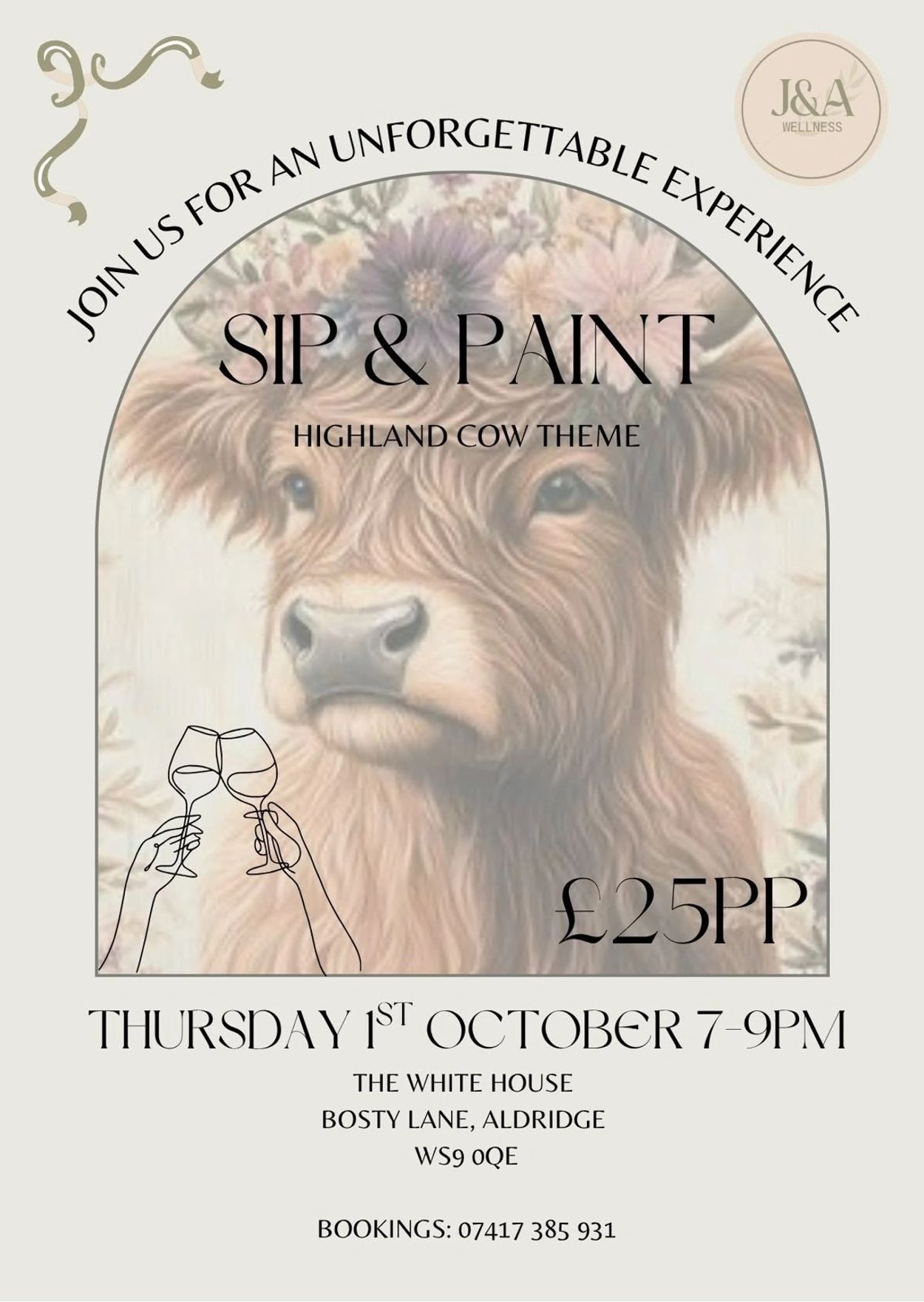 Flyer for a Highland Cow themed Sip &amp; Paint event.