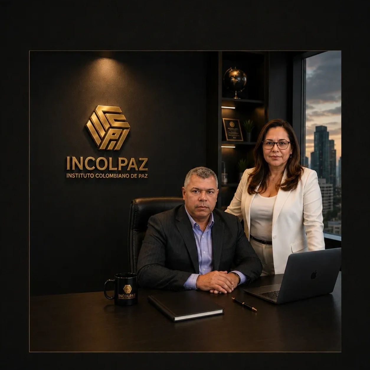 Two professionals pose in a modern office with INCOLPAZ branding and city view.