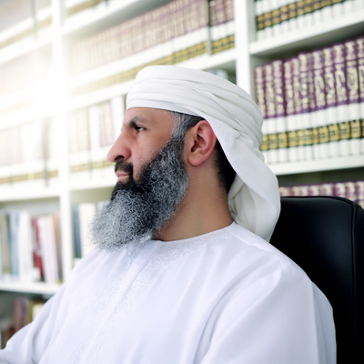 Middle-aged man in traditional Middle Eastern attire sitting in a library.