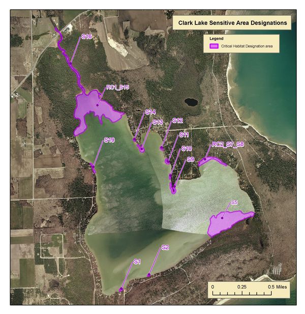 Map showing Clark Lake sensitive areas with critical habitat zones marked in purple.