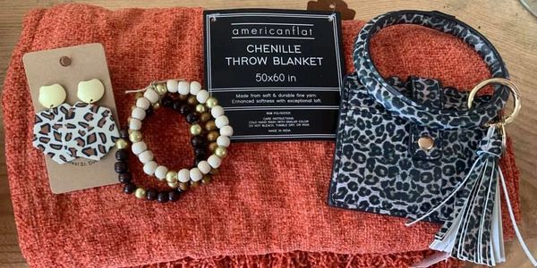Women Gifts: Cheetah Clay Earrings, Be Kind Wood Bracelets, Wristlet and Chenille Blanket.
