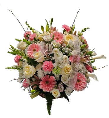 A colorful bouquet of pink, white, and yellow flowers.