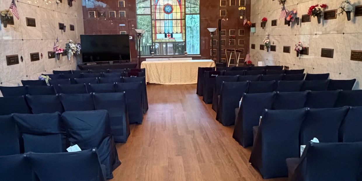 Interior of the chapel at Beaches Memorial Park prepared for a service