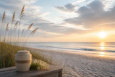 Biodegradable memorial urn beside a quiet Florida beach at sunrise