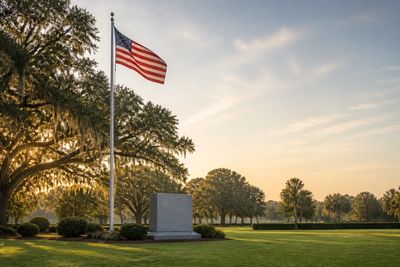 American flag flying above a peaceful memorial park with oak trees and a granite memorial