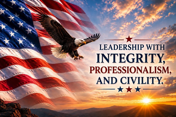 American flag, eagle, and leadership quote at sunset.
