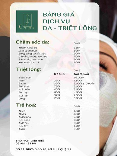 Bảng giá dịch vụ Chăm sóc da và Triệt lông Diode Laser tại Cam Spa quận 2