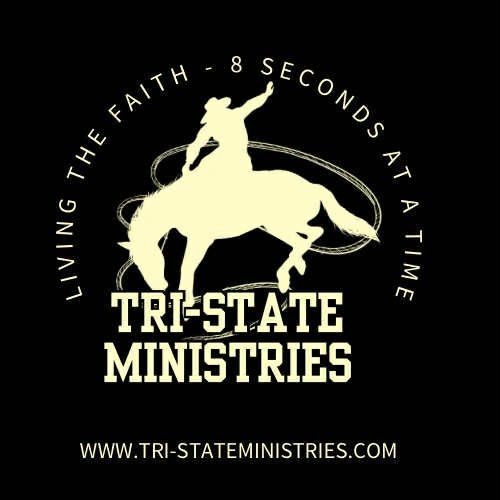 Logo of Tri-State Ministries with a rodeo rider and faith message.