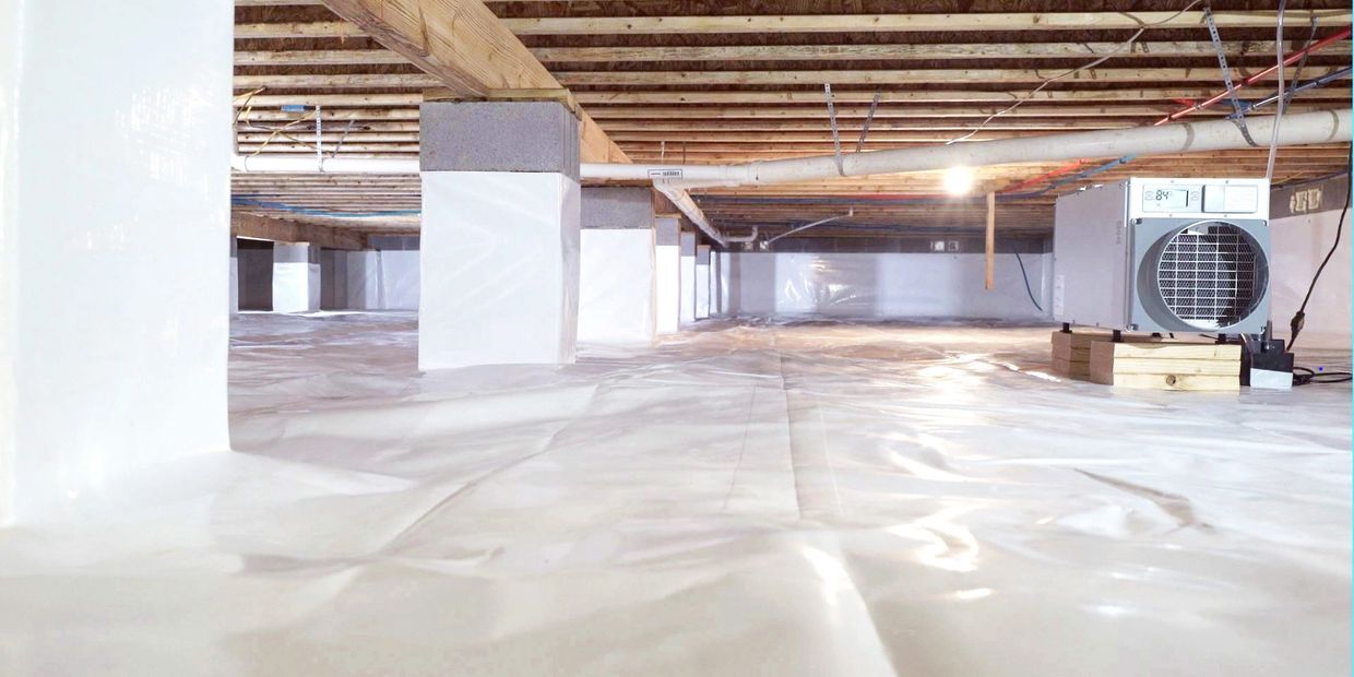 Crawlspace encapsulation with dehumidifier. 