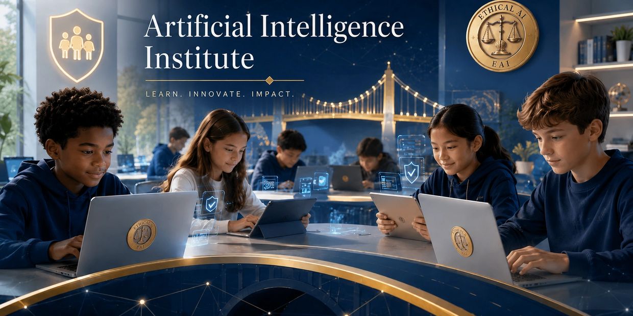 Students at the Artificial Intelligence Institute working on laptops and tablets.