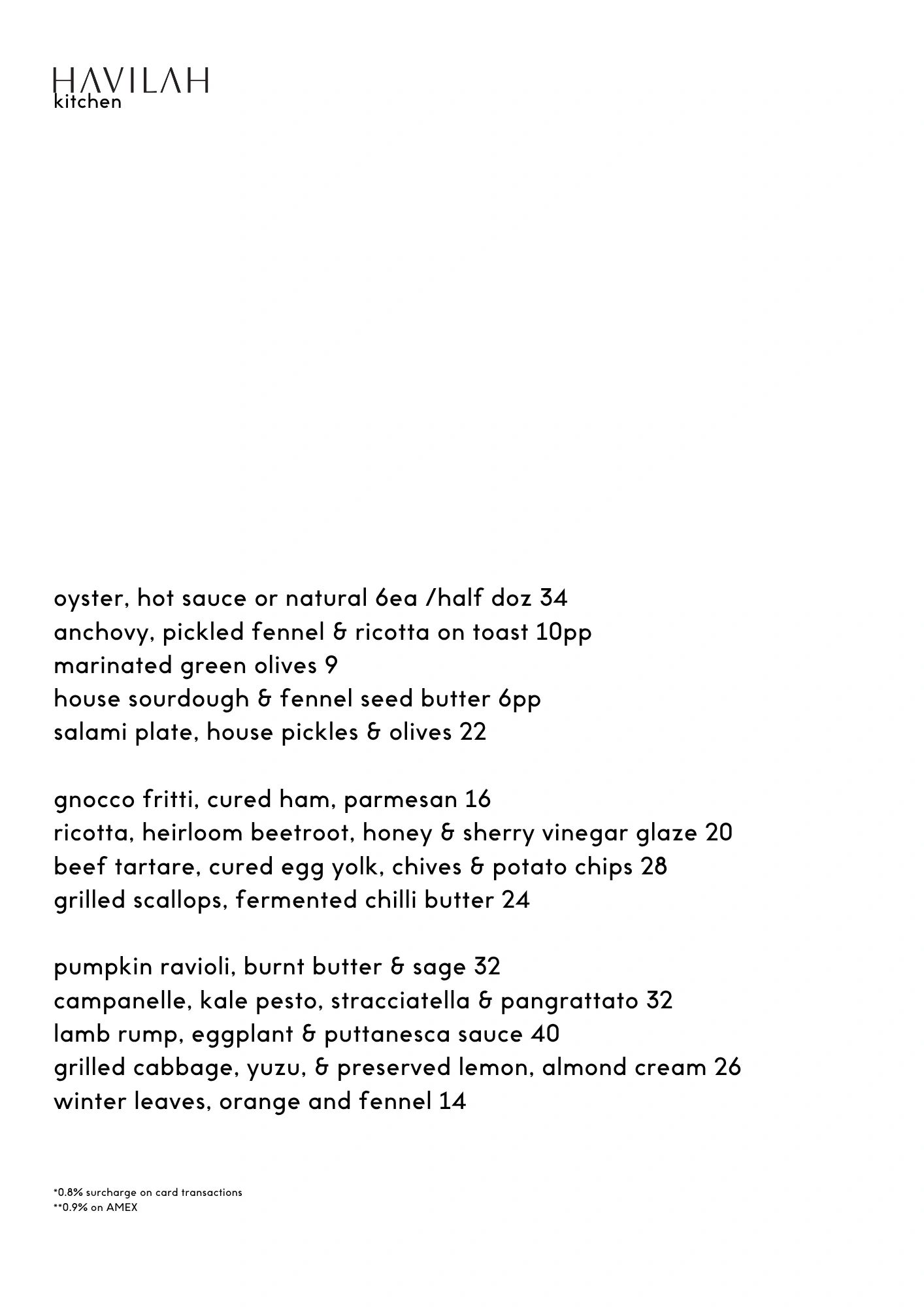 Menu from Havilah Kitchen featuring seafood, pasta, and vegetable dishes with prices.