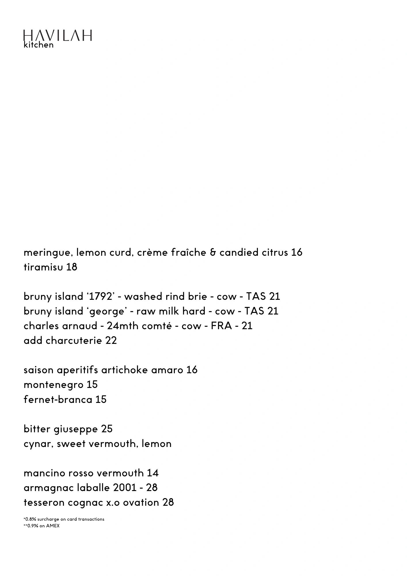 Menu from Havilah Kitchen featuring desserts, cheeses, aperitifs, and spirits with prices.