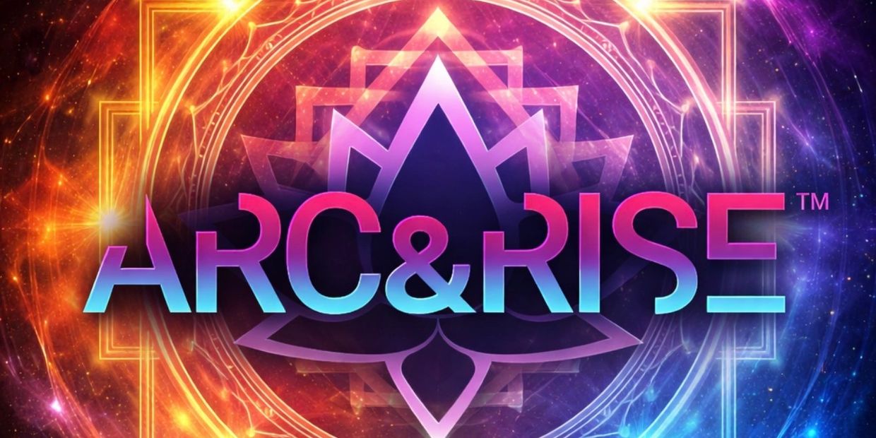 Vibrant ARC&amp;RISE logo with cosmic background and geometric patterns.