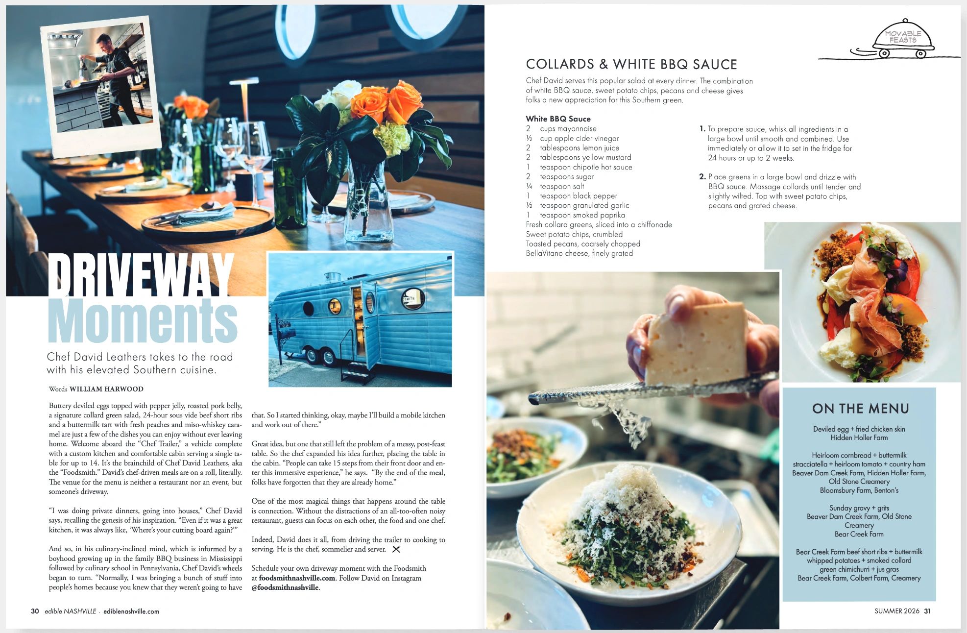 Chef David Leathers' mobile Southern cuisine kitchen and recipe for Collards &amp; White BBQ Sauce.
