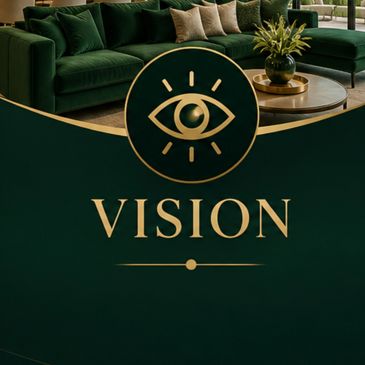 Elegant logo design with an eye symbol and the word 'VISION' below it on a dark green background.