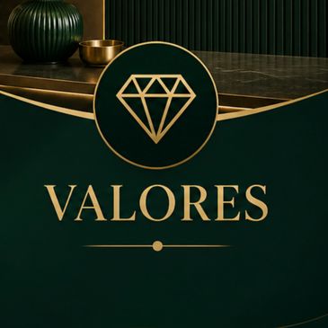 Elegant logo with a diamond icon and the word 'VALORES' in gold on a dark green background.