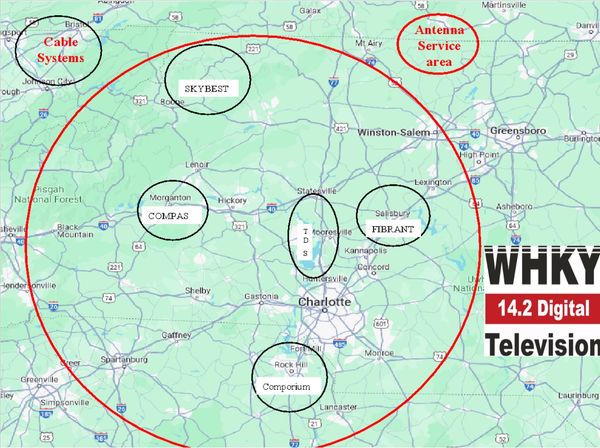 Map showing WHKY 14.2 Digital Television antenna service area and cable systems coverage.
