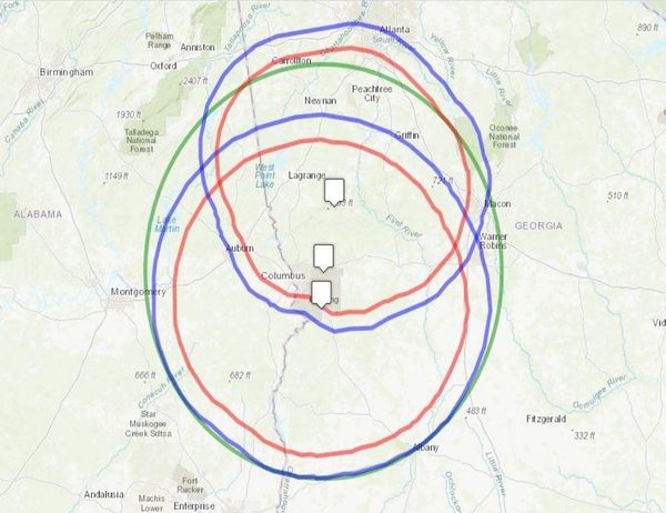 Map with colored concentric circles around central Georgia cities.