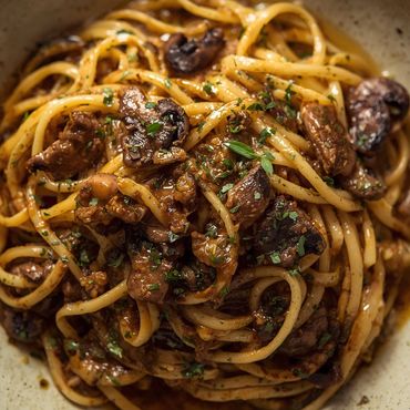 Plato de espaguetis con hongos porcini salteados y perejil fresco.