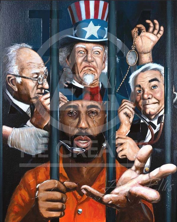 A crying prisoner behind bars with symbolic figures around him.